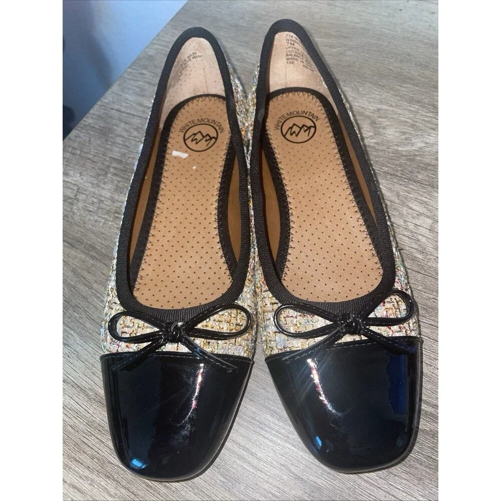 WHITE MOUNTAIN Women's Bocci Dressy Cap Toe Ballet Flat, Size 7M US Bow Tweed Te